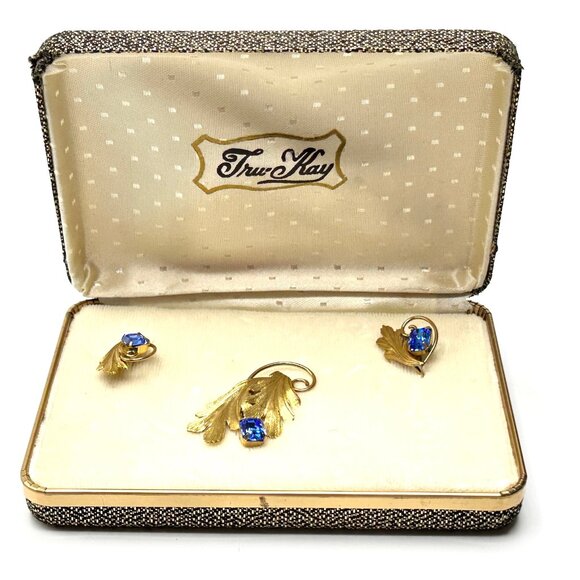 1940s Tru-Kay  Leaf Brooch & Earrings Set—12K Gold-Filled & Czech Crystals—EUC - Picture 2 of 11